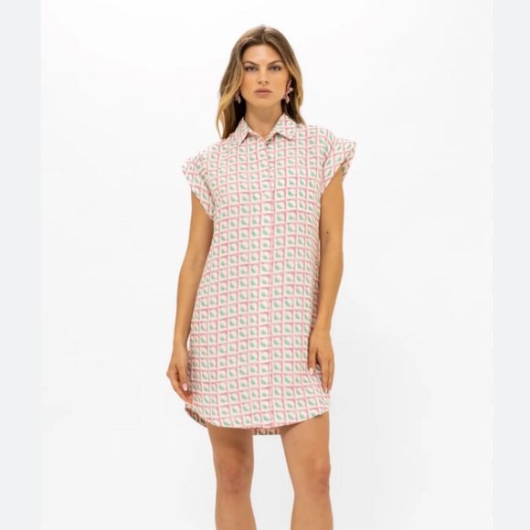 Oliphant | Mauve Pink and Green Geometric Linen Shirt Dress Mini Shift - Picture 1 of 7